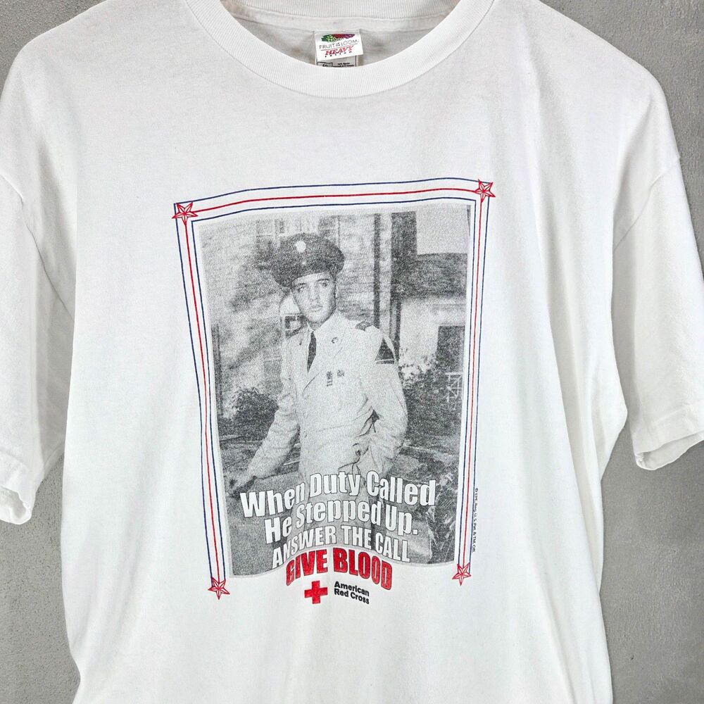 Elvis Presley American Red Cross Give Blood White Graphic T Shirt Sz XL